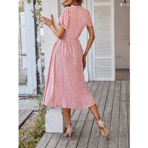 Pink Polka Dot Dress Midi Drawstring Ties Short Sleeve - Picture 6 of 11